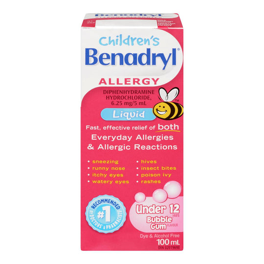 An image of BENADRYL LIQ CHILD 6.25MG/5ML BUBBLE GUM 100ML by  First Care Pharmacy