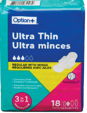 An image of OPTION+ PADS ULTRA THIN REG W/WINGS 18 by  First Care Pharmacy