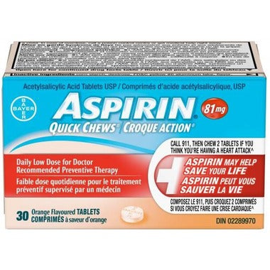 Aspirin 81mg Quick Chews Daily Low Dose Orange Flavoured 30 Tablets by  First Care Pharmacy